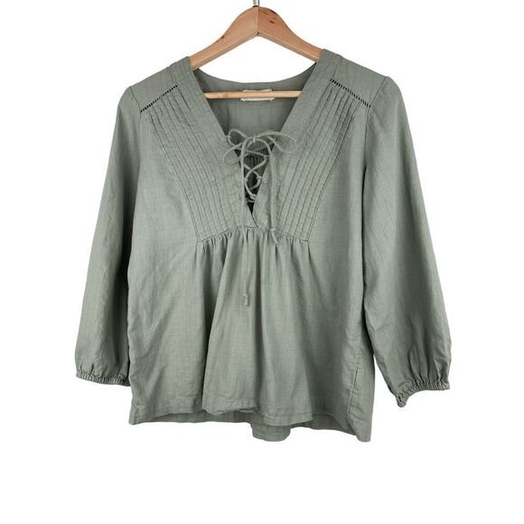 Lucky Brand Women's S Green Pintuck Pleated Lace Up Peasant Top - Picture 1 of 9